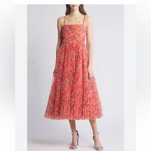 NWT Hutch Quinn Floral Pleated Midi Cocktail Dress - Coral Pink - Women’s 8